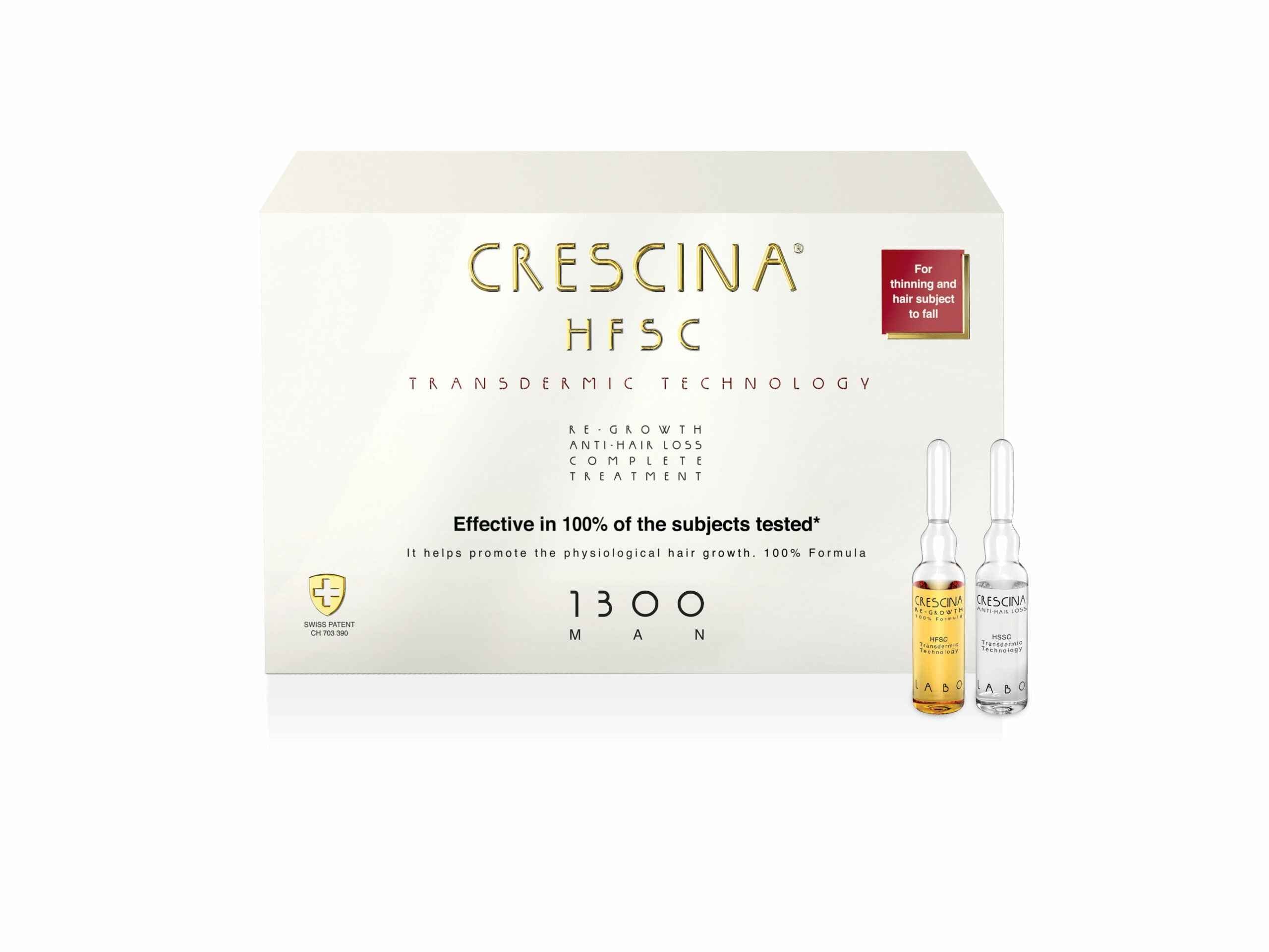 CRESCINA TRANSDERMIC ampulu komplekss matu augšanai un pret matu izkrišanu vīriešiem, intensitāte 1300, N10+10