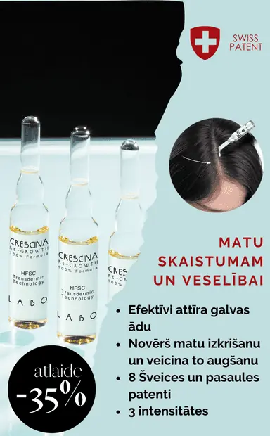 CRESCINA TRANSDERMIC ampulas un šampūni ar inovatīvu, jaunākās paaudzes formulu, kas novērš matu izkrišanu un veicina matu ataugšanu. Efektivitāti apstiprina 8 Šveices un pasaules patenti.